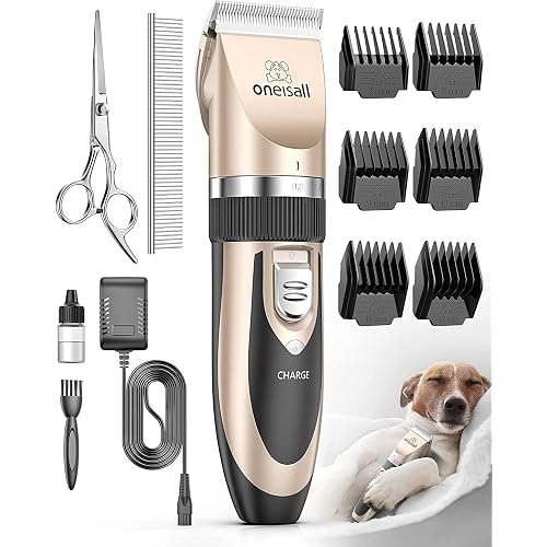 oneisall Dog Clippers Grooming Kit for Dogs Cats Pets | Low Noise, Rechargeable Cordless, Long Battery Life, Simple for Beginners, 6 Guide Combs, Removable & Rinsable Blade