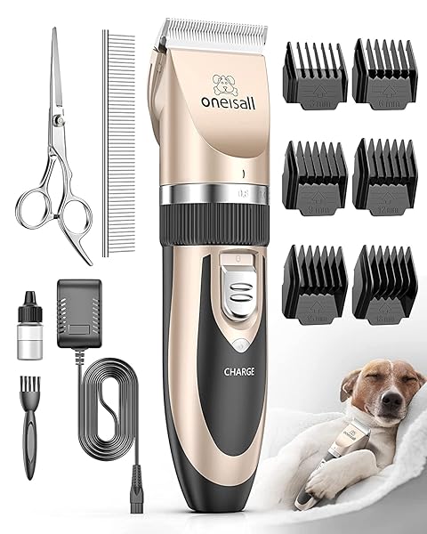 oneisall Dog Clipper Low Noise, Dog Grooming Kit with Rechargeable, Pet Shaver Cordless Electric Quiet Hair Clipper Set for Dogs Cats Pets（Gold）