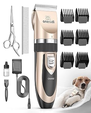oneisall Dog Clipper Low Noise Dog Grooming Kit with Rechargeable Pet Shaver Cordless Electric Quiet Hair Clipper Set