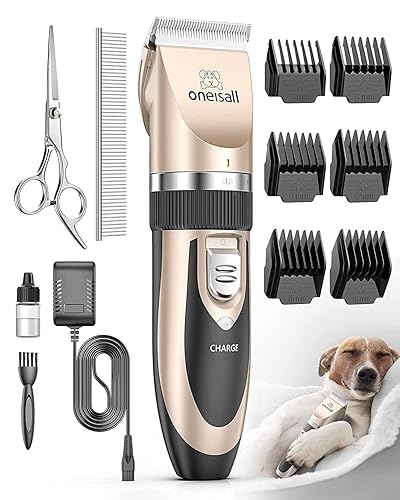 oneisall Dog Clipper Low Noise, Dog Grooming Kit with Rechargeable, Pet Shaver Cordless Electric Quiet Hair Clipper Set for Dogs Cats Pets（Gold）
