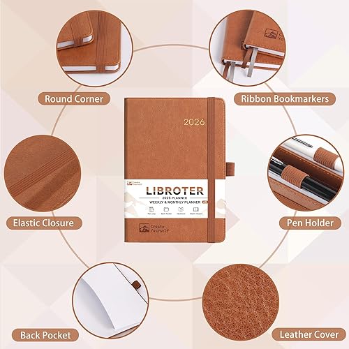 Miniatura 6 de Agenda 2026, agenda semanal y mensual 2026, enero de 2026 a diciembre de 2026, 5.7 x 8.4 pulgadas, papel grueso, cubierta de cuero, soporte para