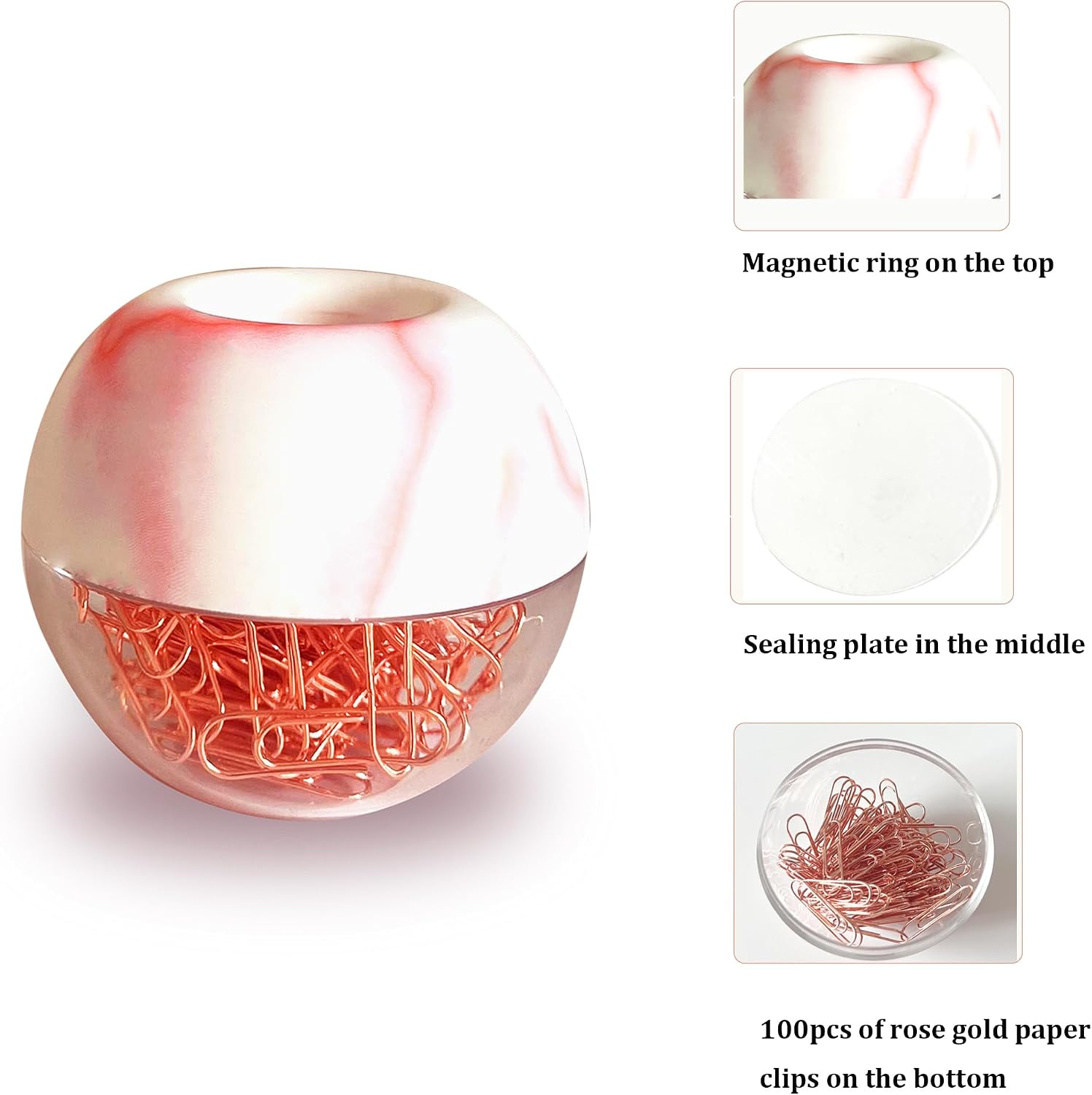 Magnetic Paper Clip Holder, Red Marble Holder with Rose Gold PaperClips 100pcs 28mm(1.1") Cute Office Supplies for Desk Organizer image 3
