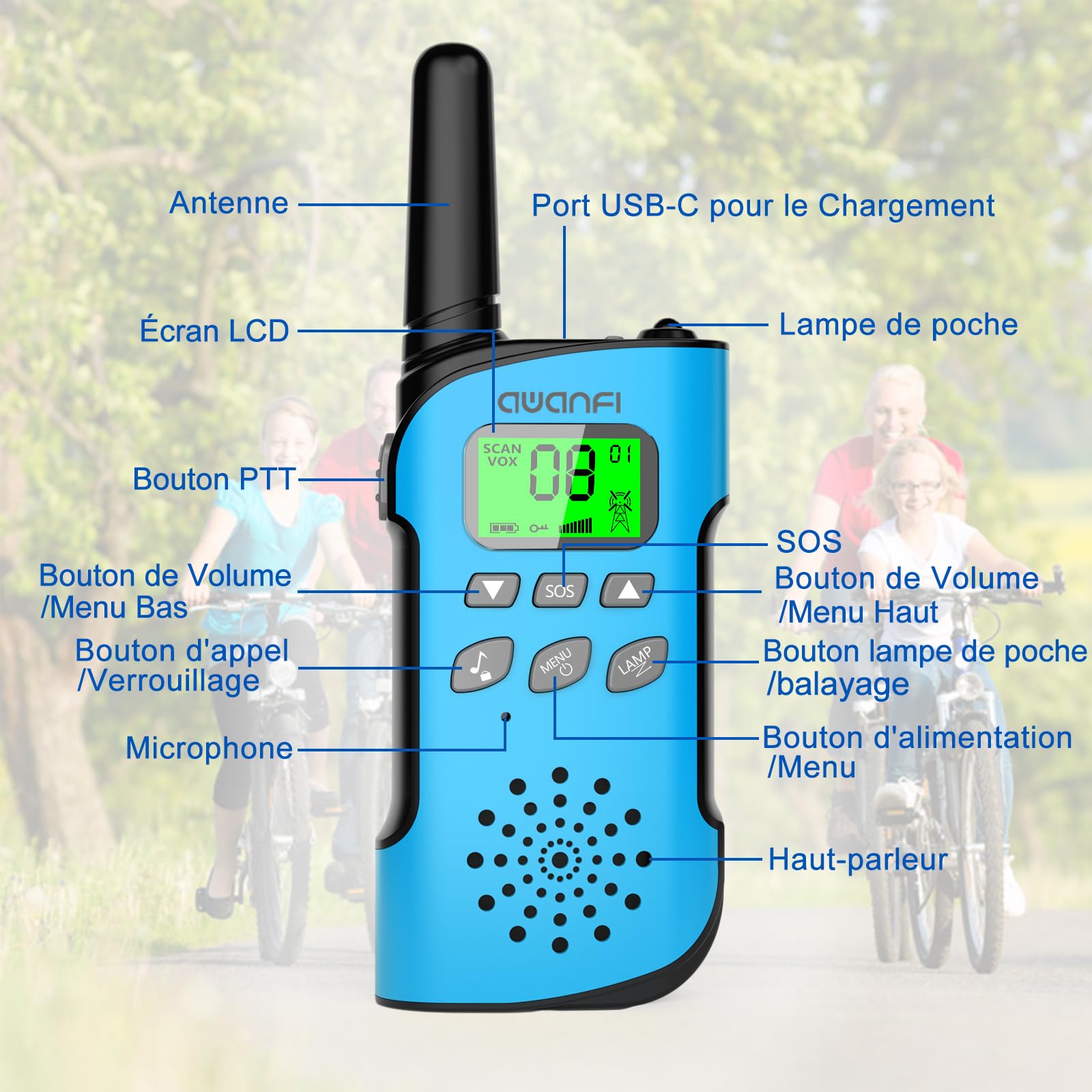 Talkie-walkie Rechargeable AWANFI 3 Pièces - Portée 3km - Lampe Torche USB-C - Enfants Adultes