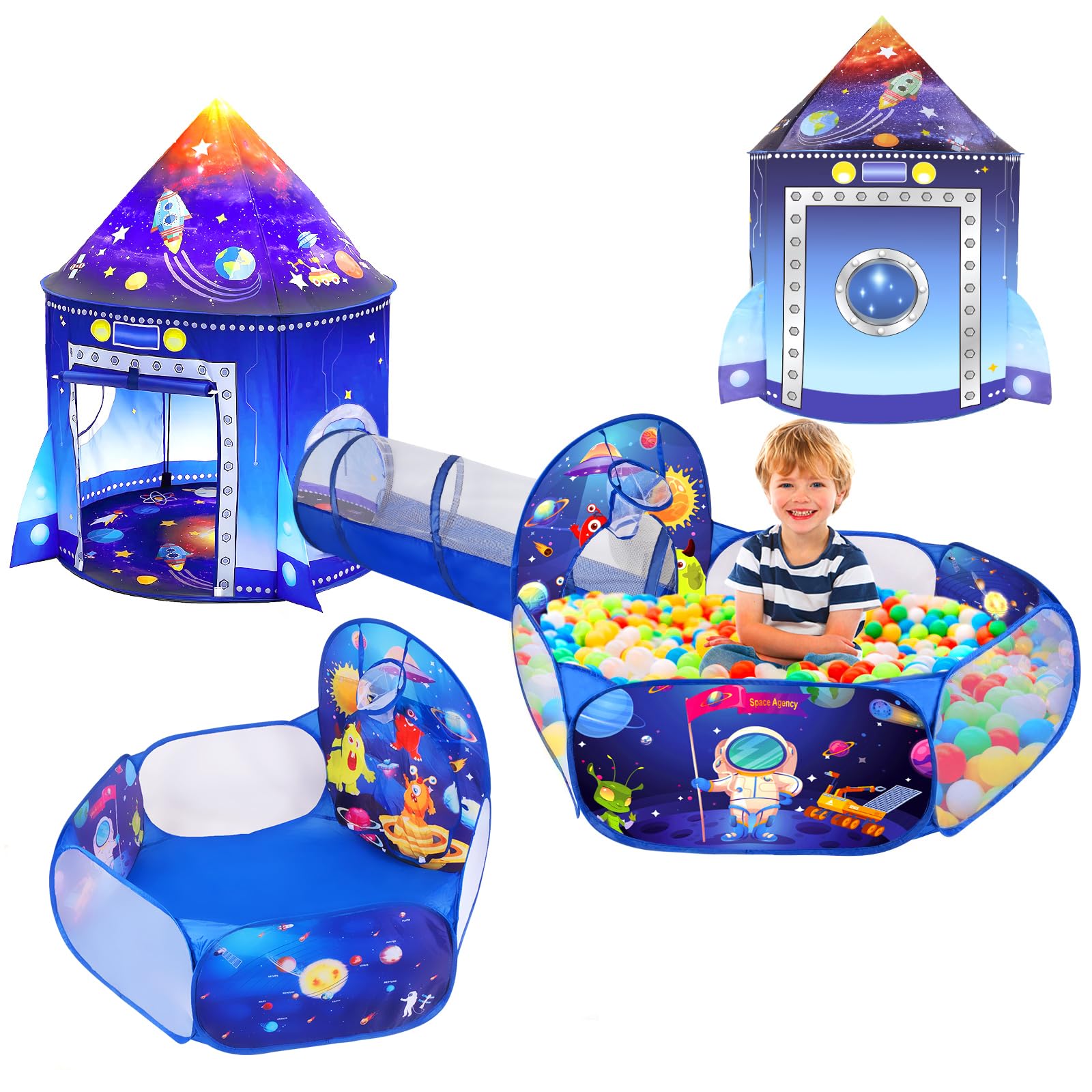 3 in 1 Rocket Ship Play Tent with Ball Pit Tunnel for Kid Astronaut Space 3PC Playhouse Indoor Outdoor Foldable Pop Up Tent Set Bluey Toddler Toys for Boy Girl Baby Child Birthday Party