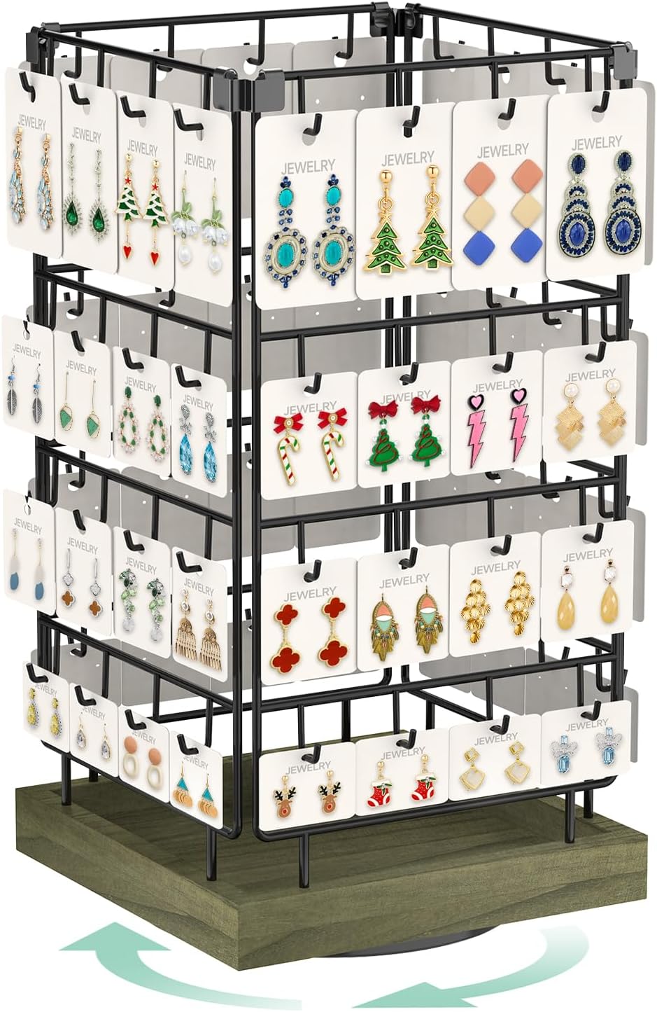 EsLuker.ly Rotating Earring Display Holder Stand for Vendors Events Selling, Large Capacity 64 Hooks Jewelry Rack with Wooden Base for Earring Card Sales, Enhances Retail Visibility(Rustic Gray)