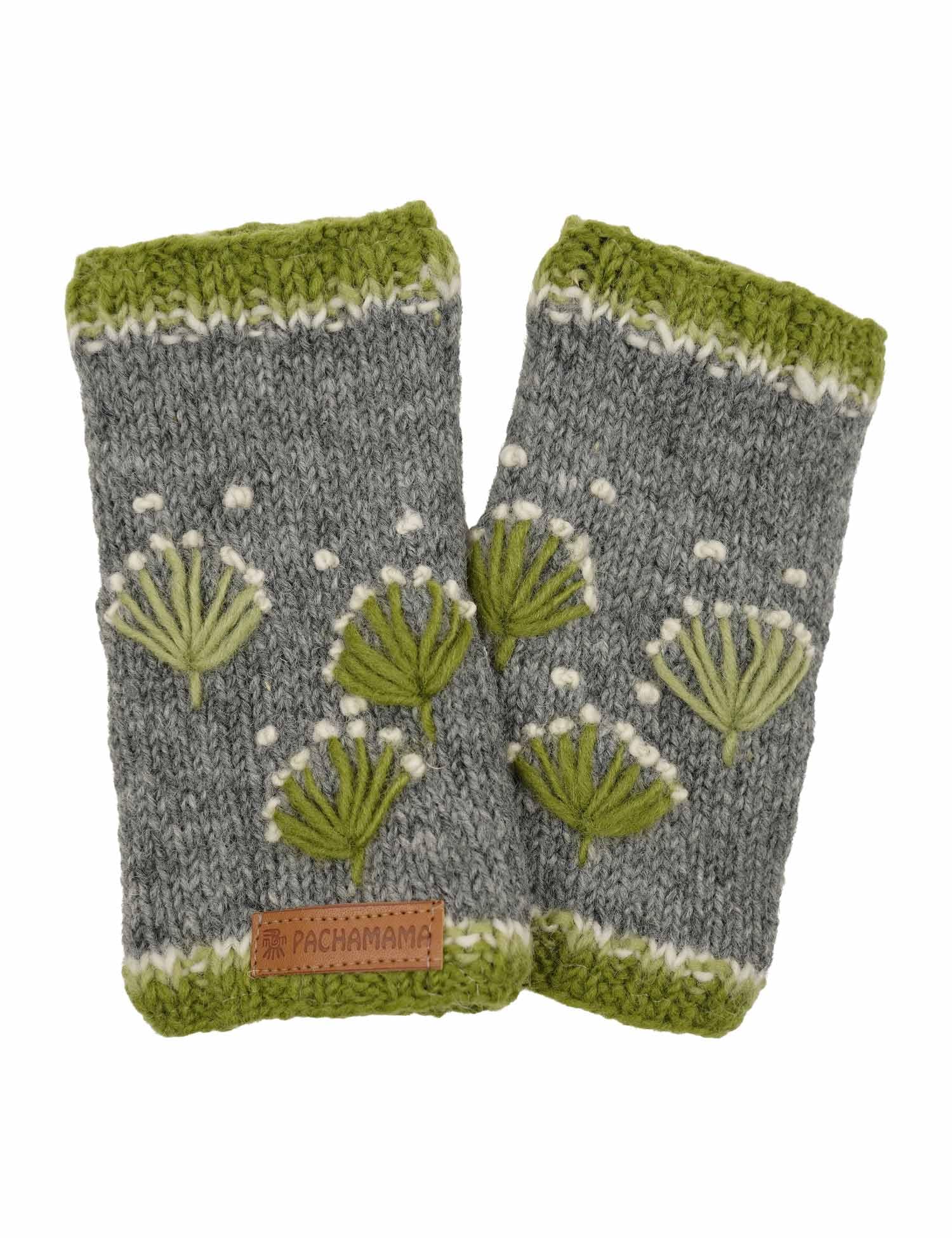Pachamama Women's Green Wool Hand Wrist Warmers Fleece Lined Handknitted Flower Embroidered One-Size Handmade Extra Warm Fair Trade