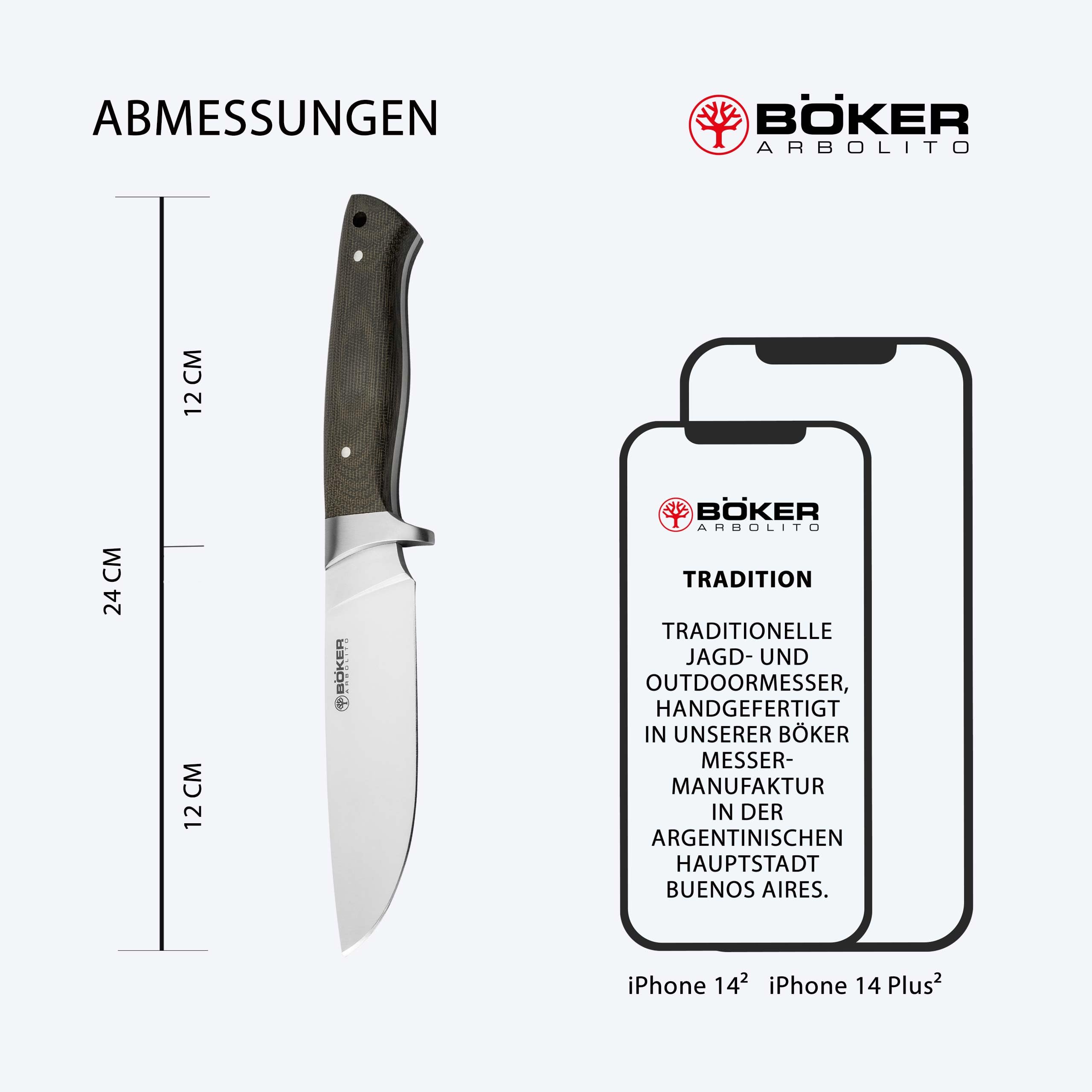 ARBOLITO BÖKER Hunter Micarta - Jagdmesser mit feststehender Klinge 12 cm - Profi Outdoor-Messer mit Lederscheide schwarz - Fulltang Messer mit Micarta Griff grün - Survival-Messer in Geschenk-Box