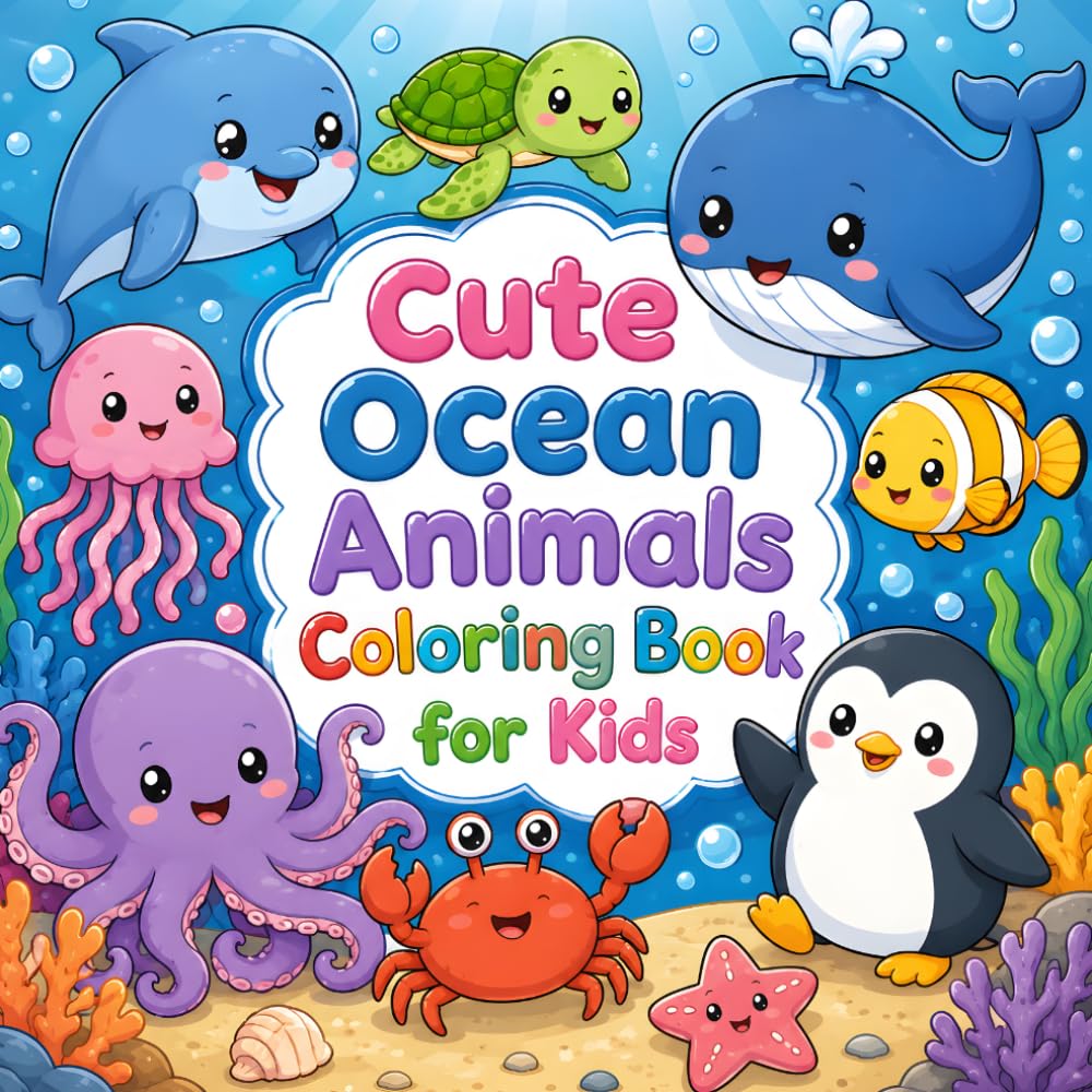 Cute Ocean Animals Coloring Book for Kids: Fun and Easy Underwater Doodle Coloring Pages with Dolphins, Whales, Turtles, Octopus, Crabs, and Sea Creatures for Toddlers, Preschool, and Young Children