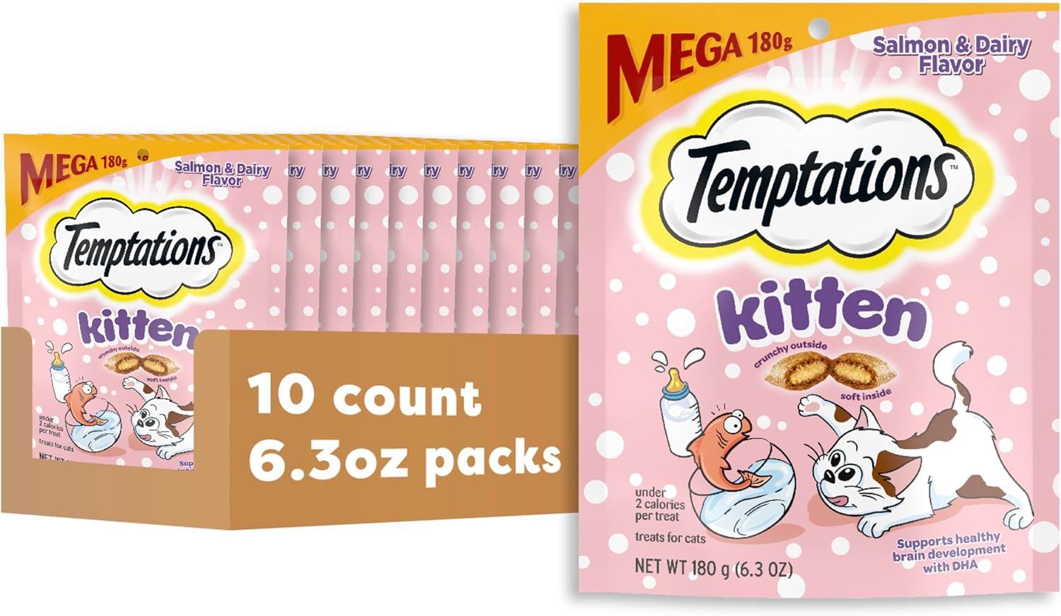 Temptations Kitten Treats Classic Crunchy and Soft Cat Treats, Dairy Flavor, 6.3 oz. Pouch (Pack of 10)