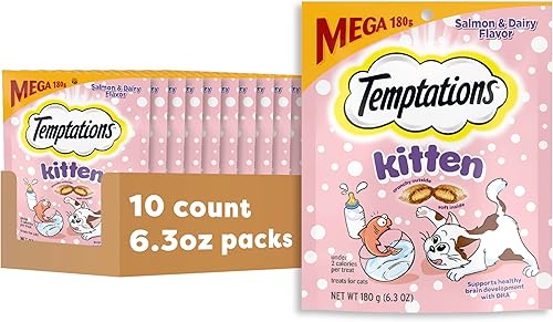 Temptations Golosinas para gatitos, salmón y lácteos, crujiente y suave, 6.3 onzas (paquete de 10)