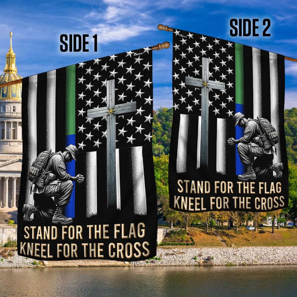 American Flag-Veteran Kneeling Christ Cross Thin Green & Blue Line American Flag MLN2286Fv1, Garden Flag (11.5" x 17.5")-USA Flags Premium Polyester-Decorative Indoor Outdoor Flag