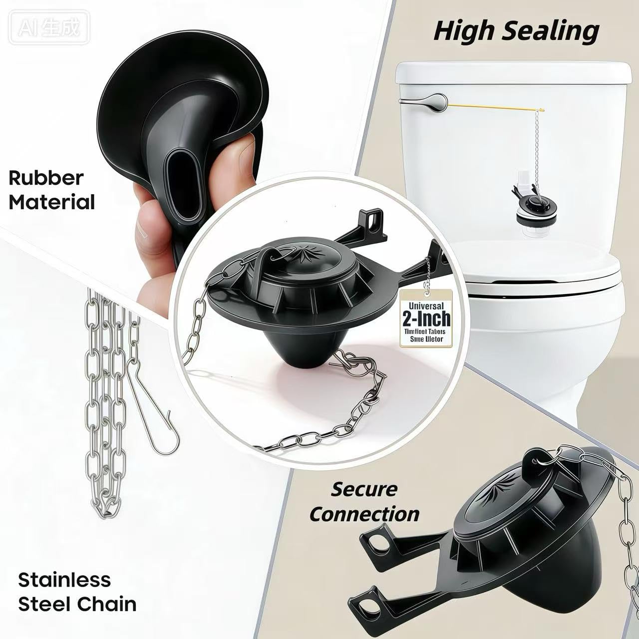 Universal Toilet Flapper Replacement for 2 Flush Valves - Stops Running Toilets & Ghost Flushing, Water-Saving Heavy Duty Rubber with Stainless Steel Chains (Fits Kohler/TOTO/American Standard/Gerber) - 4
