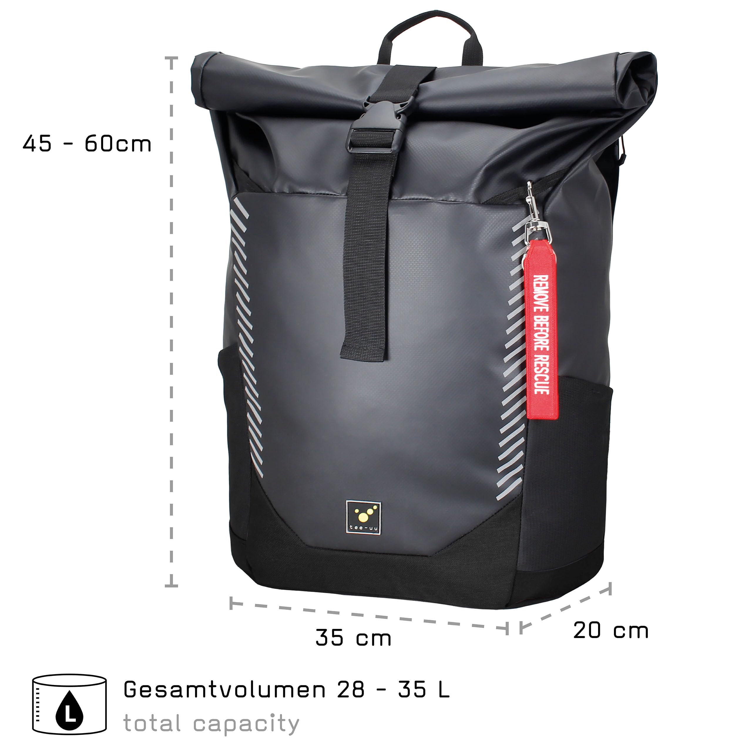 tee-uu CAROBAG schwarz, trendiger Rolltop-Rucksack | Moderner Rolltop-Rucksack mit schützendem Laptopfach.