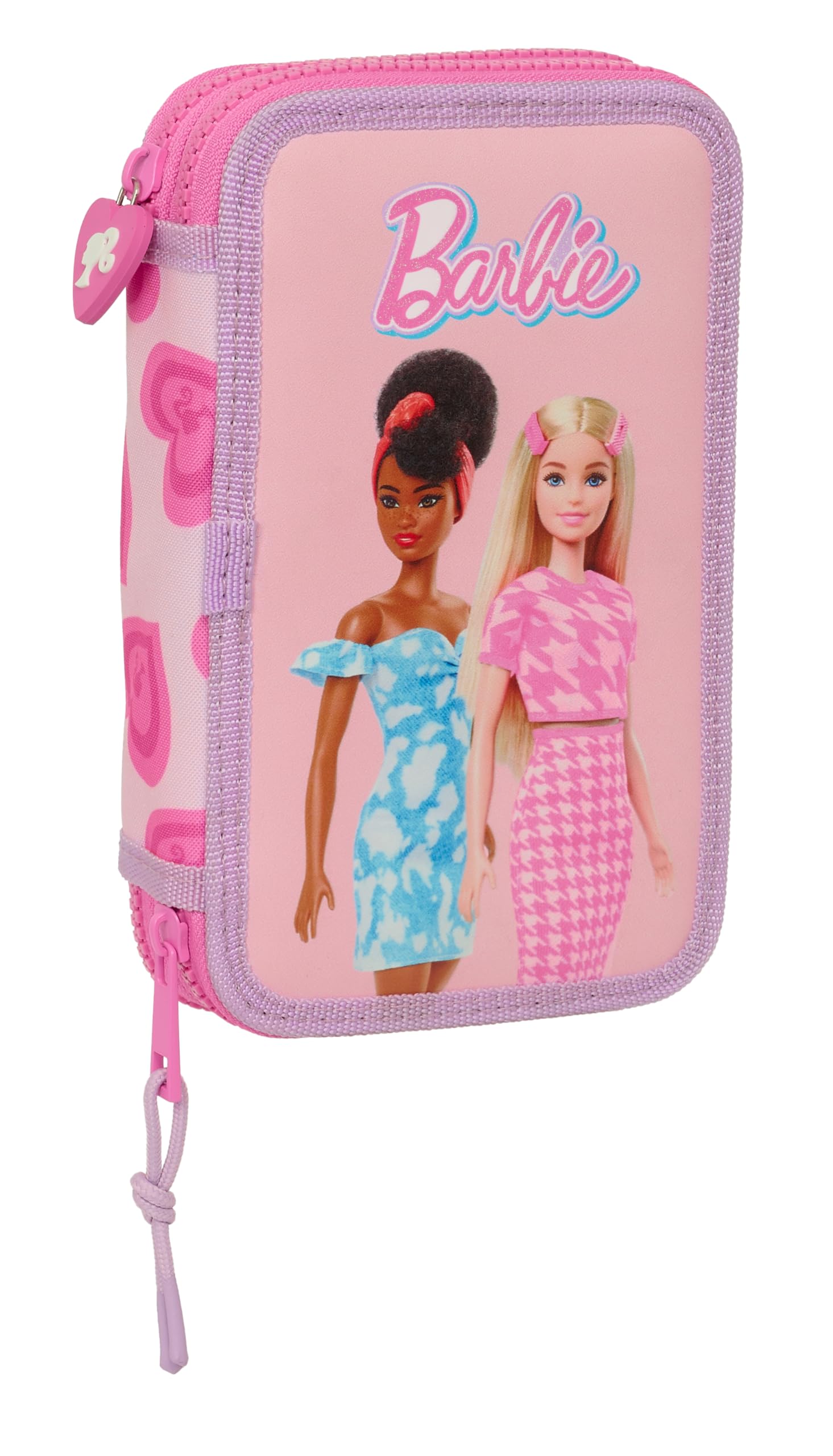 Safta Barbie Love - Estuche Escolar Niño, Estuche con Colores, con 28 Útiles Incluidos, Ideal para Niños de 5 a 14 Años, Cómodo y Versátil, Calidad y Resistencia, 12.5x4x19.5 cm, Color Rosa