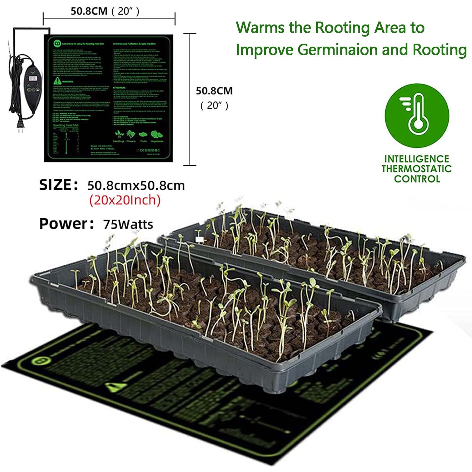 Tapis chauffant pour semis, coussin chauffant étanche pour propagateur de serre, tapis chauffant hydroponique pour plantes à graines Reptile amphibien avec minuterie de thermostat numérique, 20 * 20