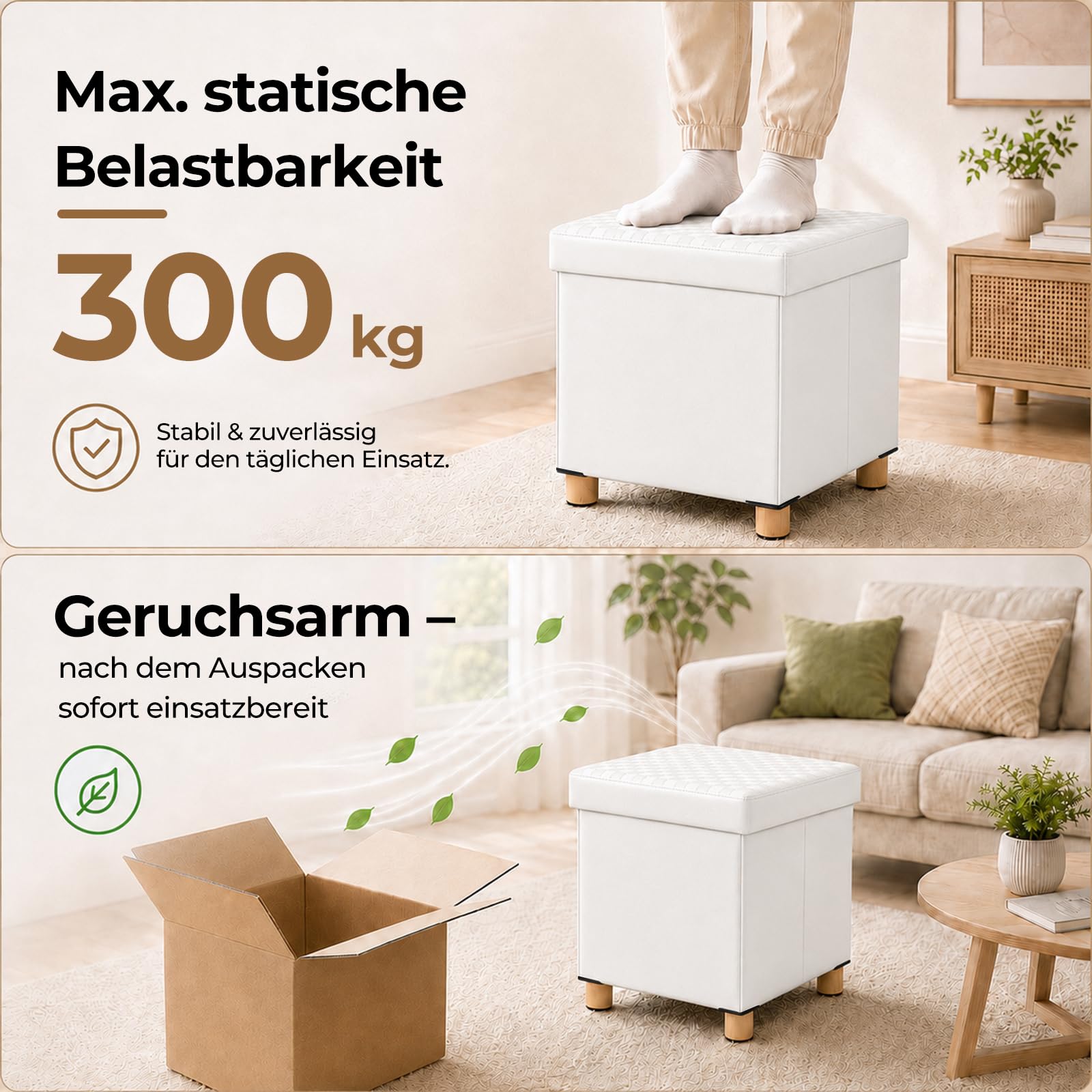Hocker mit Stauraum, Klappbarer Sitzhocker aus PU, Fußhocker mit Massivholzbeinen, Anti-Rutsch-Pads, Pouf für Wohnzimmer Schlafzimmer Bad(Weiß, L:38 * W:38 * H:40 cm)