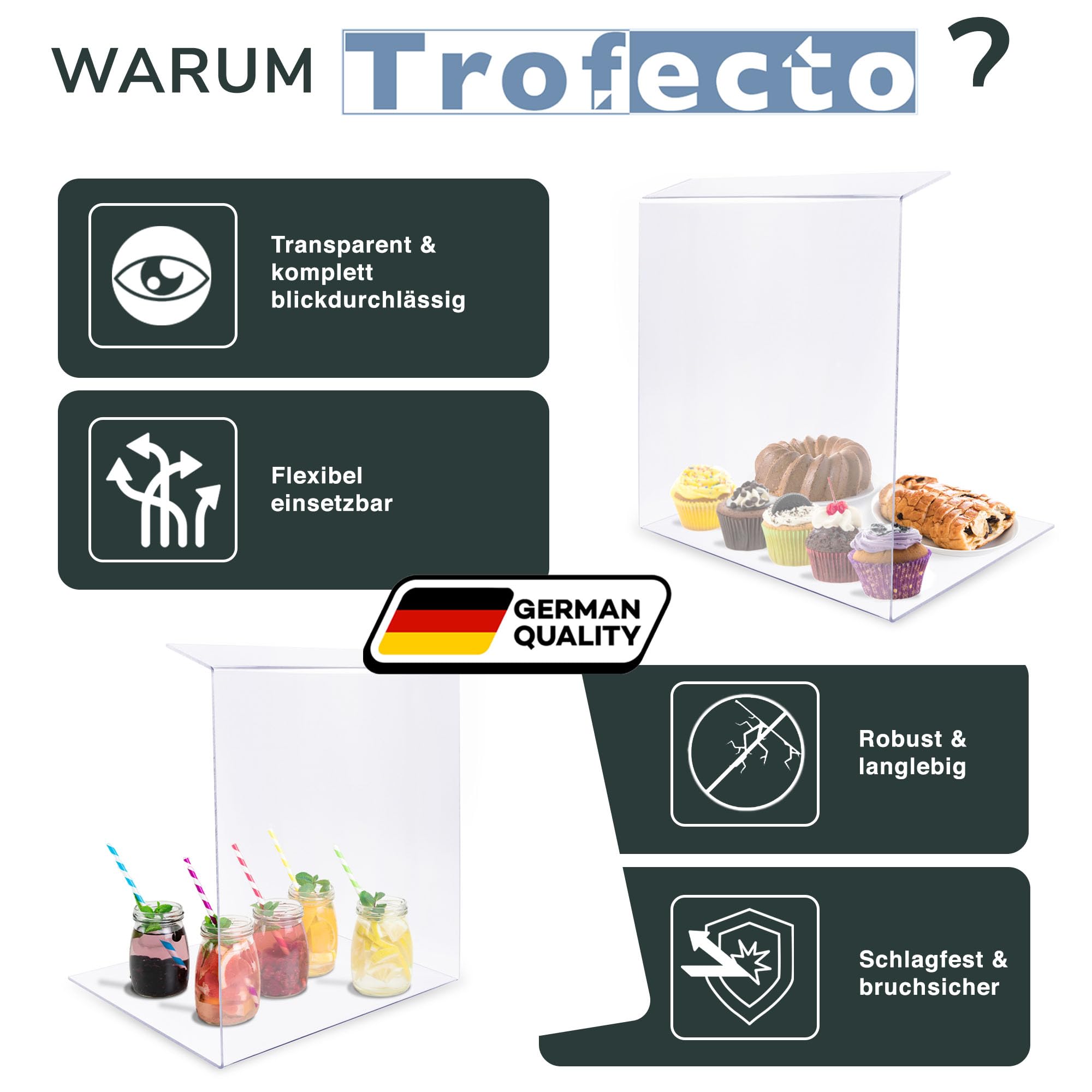 A+H, vetrina in plastica per la protezione degli alimenti, tipo 2, lunghezza: 100 cm, per la ristorazione, banconi e vetrine di dolci, in vetro trasparente, Stärke 5mm