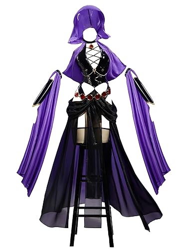 MEOWCOS Womens Halloween Cosplay Costume Dancer Bodysuit with Purple Flared Chiffon Sleeves Hood - Black and Purple - Large