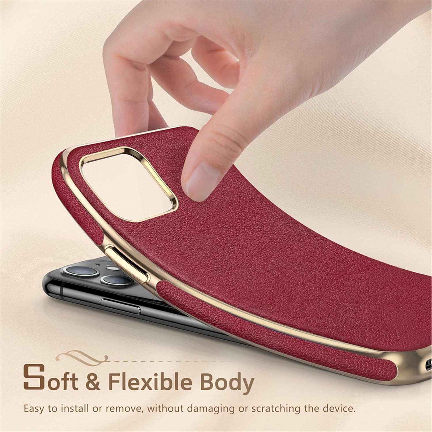 LOHASIC iPhone 11 Case for Woman, Luxury Leather Slim Thin Elegant Vintage Cute Soft Flexible Grip Anti-Slip Protective Girly Pretty Cover Cases for Apple iPhone 11 (2019) - Cherry Red