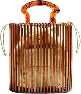 Womens Fashion Bamboo Bag with Acrylic Handle Bucket Bag Summer Beach Clutch Purse Handbags