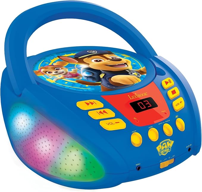 Lexibook - Paw Patrol - Lector de CD Bluetooth para niños – Portátil, Efectos Multicolores, Entrada para micrófono, AUX IN, AC o Funciona con batería, Niñas, Niños, Azul/Rojo, RCD109PALXB