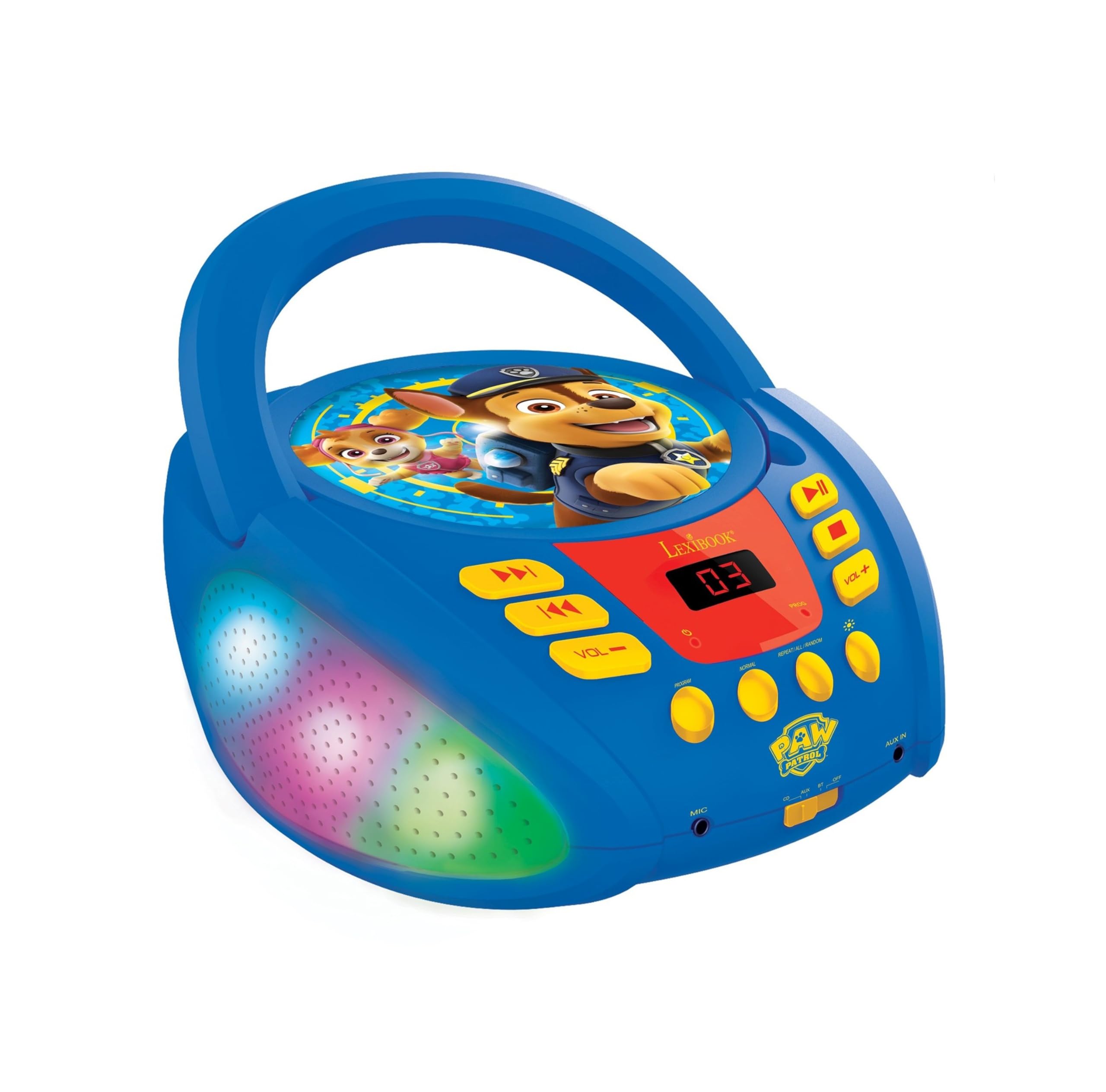 Lexibook - Paw Patrol - Lector de CD Bluetooth para niños – Portátil, Efectos Multicolores, Entrada para micrófono, AUX IN, AC o Funciona con batería, Niñas, Niños, Azul/Rojo, RCD109PALXB
