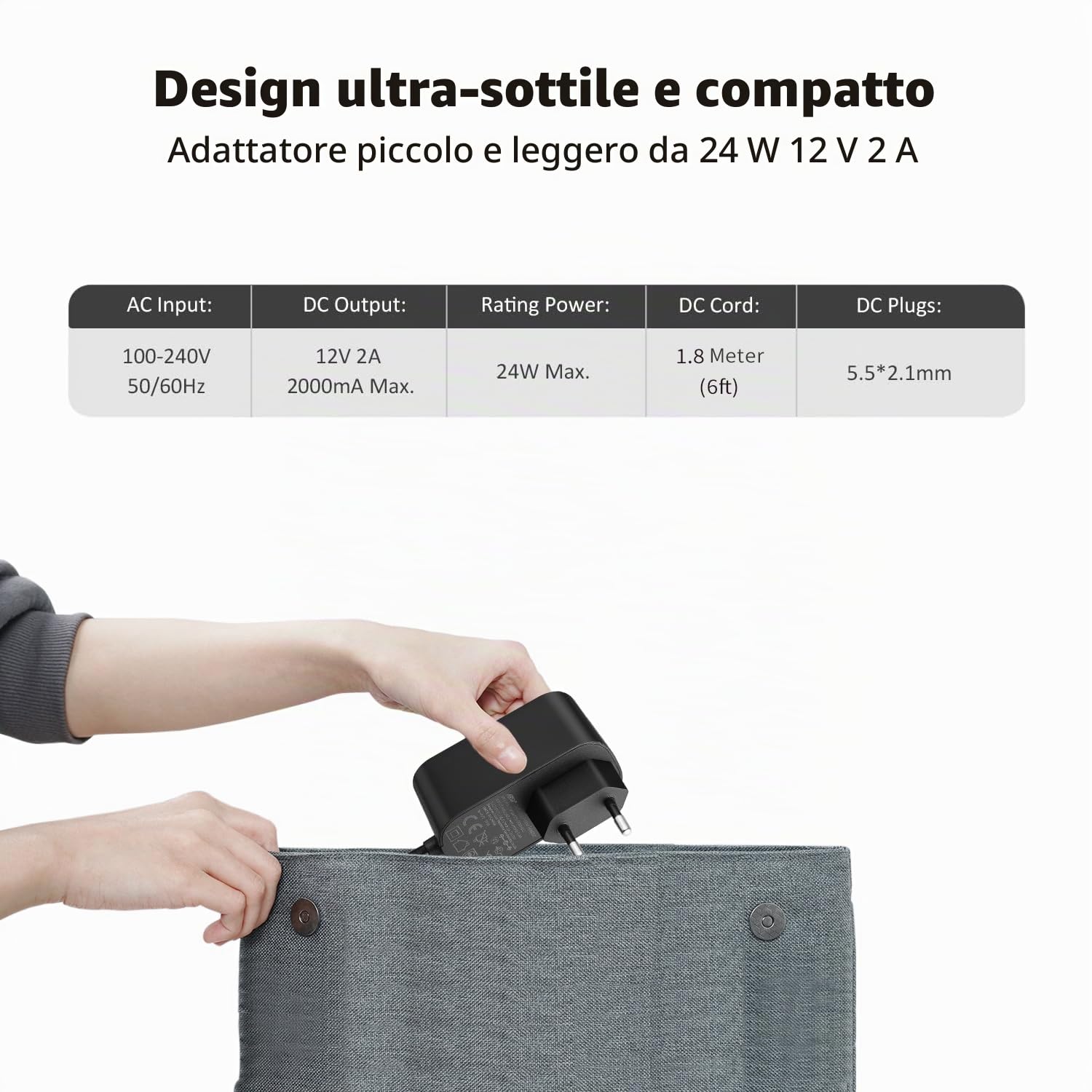 Lonnky Adattatore 12V 2A con Cavo da 1,8 M, AC 100-240V a DC 12V, Connettore Universale 2,1 mm x 5,5 mm per LCD, Router e Telecamere di Sorveglianza