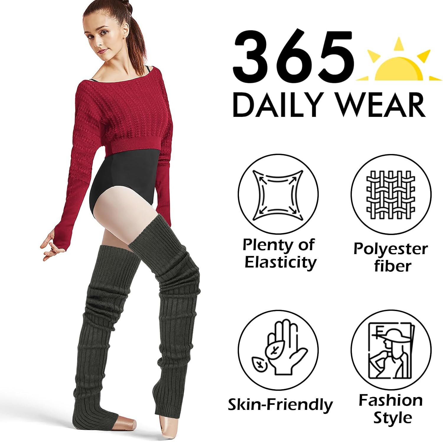 PHOGARY 2 Pairs Winter Leg Warmers Thigh High Socks Over Knee Footless Socks Crochet Knitted Long Boot Cuffs Topper Socks for Women Girls (85cm, Black, Dark Gray)