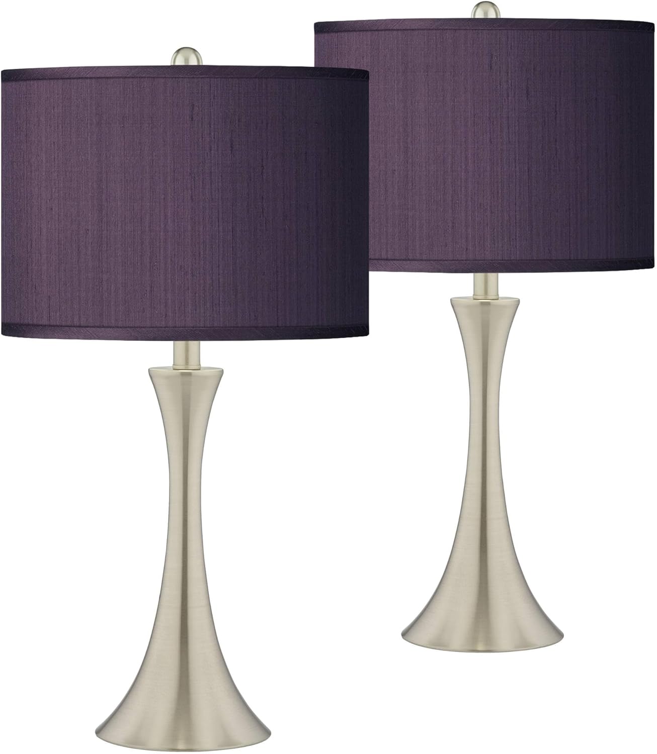 Possini Euro Design Modern Table Lamps 24" Tall Set of 2 Brushed Nickel Silver Metal LED Touch On Off Eggplant Purple Faux Silk Shade for Bedroom Living Room House Home Bedside Nightstand Office