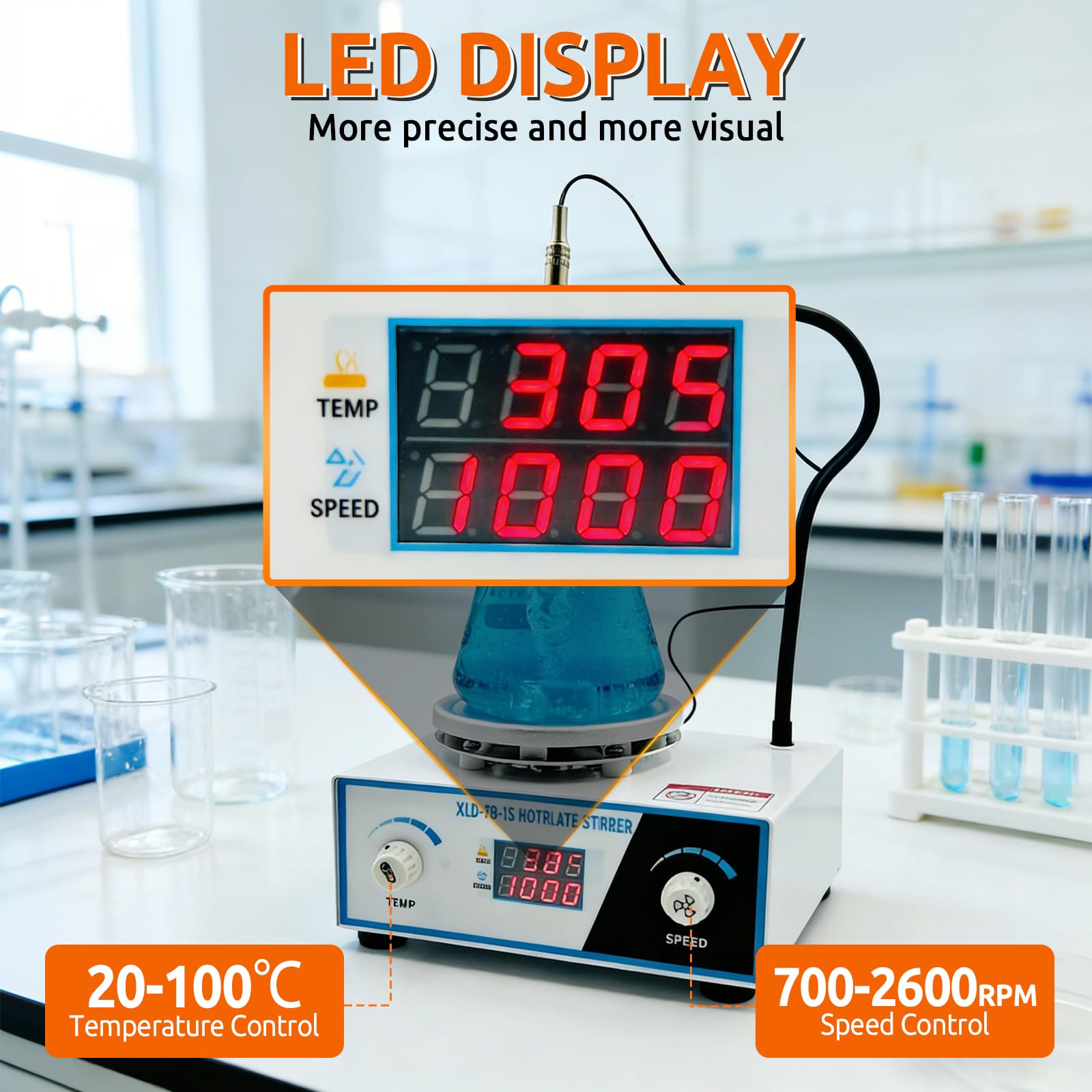 Agitatore Magnetico con Piastra Riscaldante, Display Digitale 700-2600 RPM | Capacità 2L, Mixer da Laboratorio 100℃ 180W, Agitatori da Laboratorio Asta Supporto Sensore Pieghevole, Controllo a Manopole