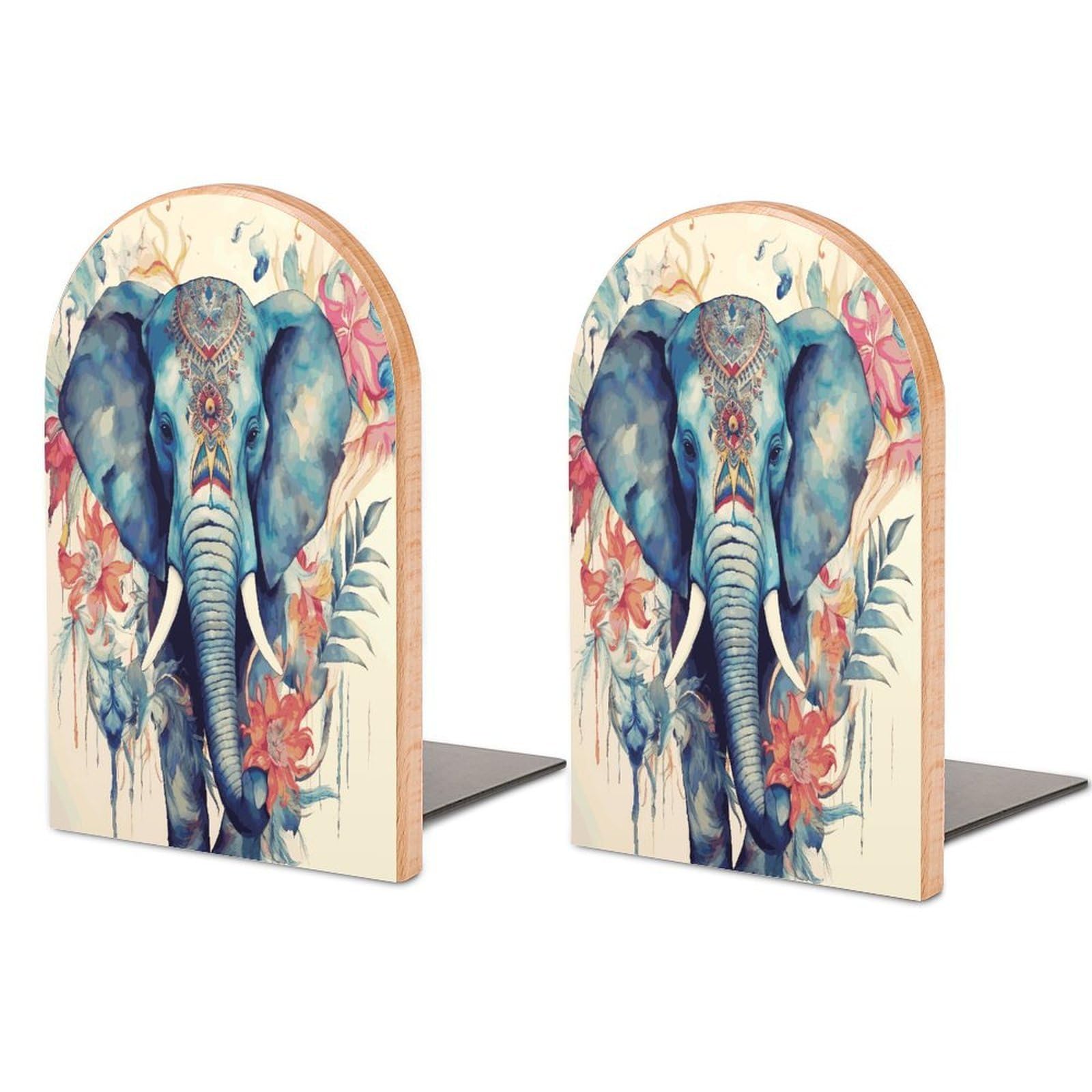 Peacock Feathers Elephant Bookend for Shelves Non-Skid Book Holder Modern Heavy Duty Bookend Stopper Metal Base Wood Book End Books Shelf Holder Home Decorative 1pair 5x3.9x3.1