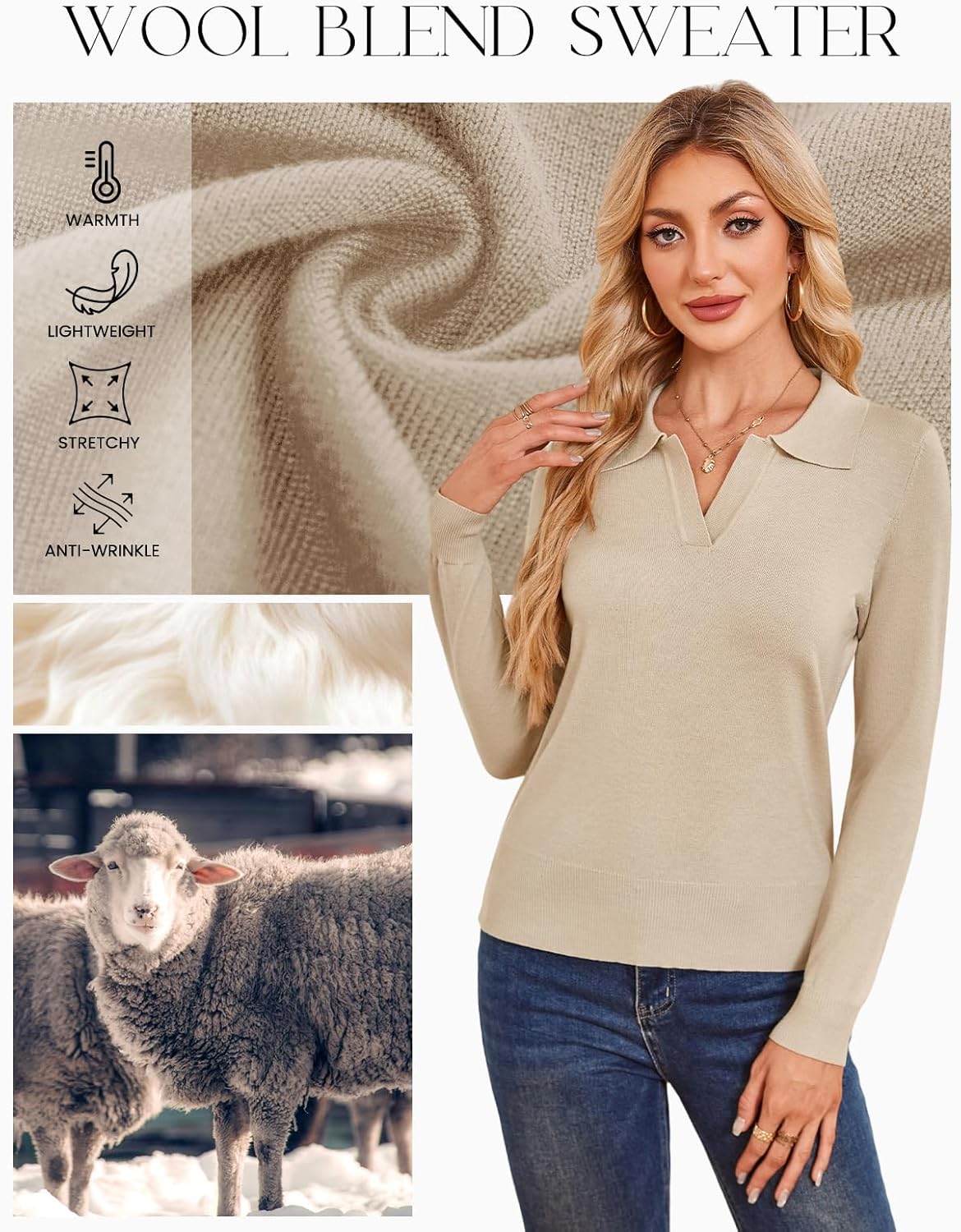 Kate Kasin 2026 Women's Wool Blend Sweaters, Long Sleeve Polo Shirts, V Neck Knitted Fall Tops - Image 8