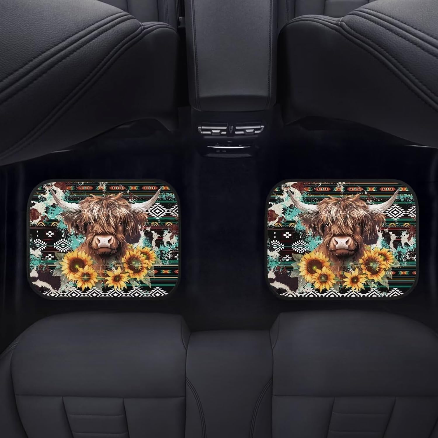 Wanyint Aztec Highland Cow Cattle Sunflower Auto Carpet Floor Mats for Car Van Truck SUV, 4 Pieces Front & Rear Full Set with Rubber Backing Universal Fit for Most Vehicles