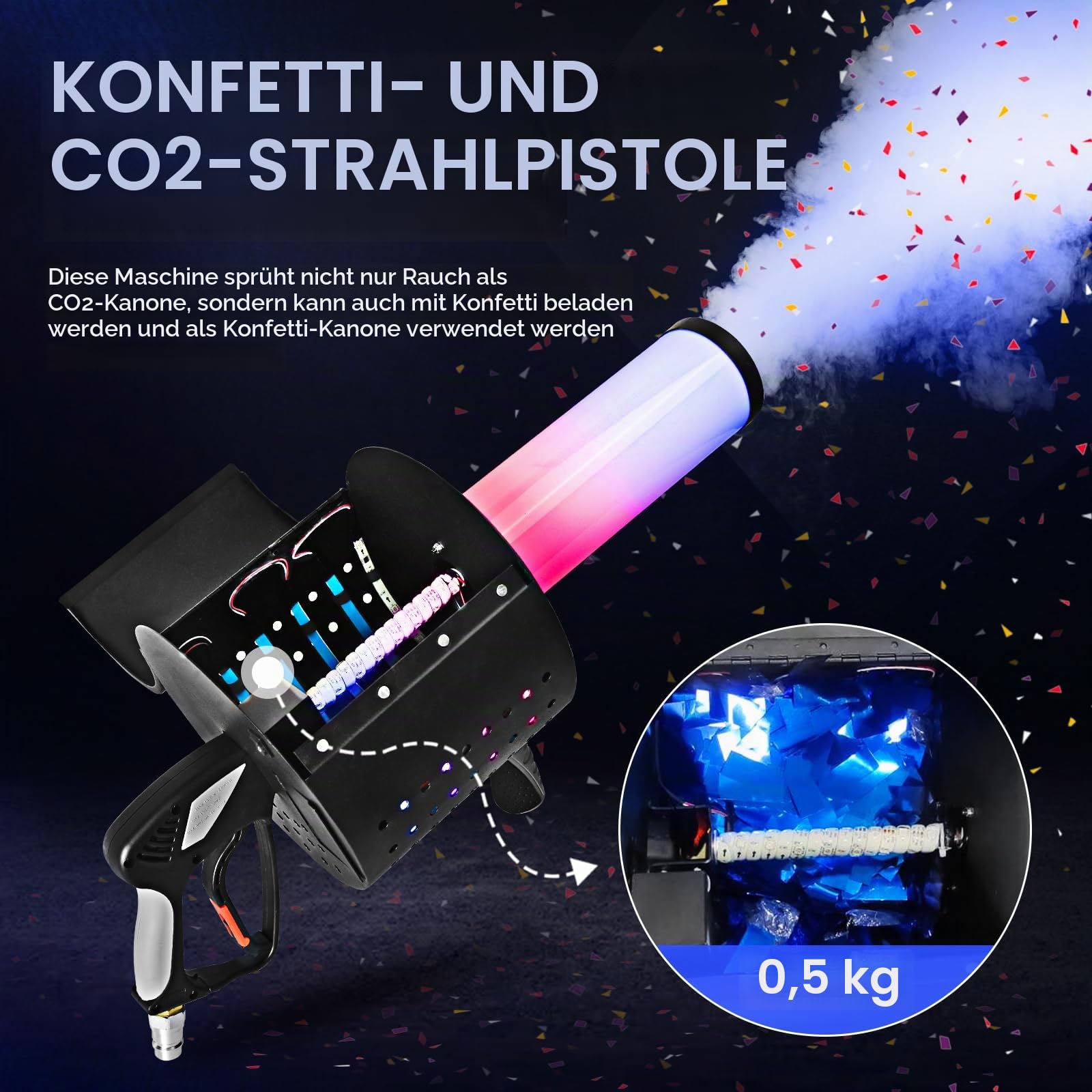 Handlich KonfettiMaschine 7 Farben CO2 KonfettiBlaster Fachmann KonfettiWerfer für Party Hochzeit Bühnenkonzerte Theater