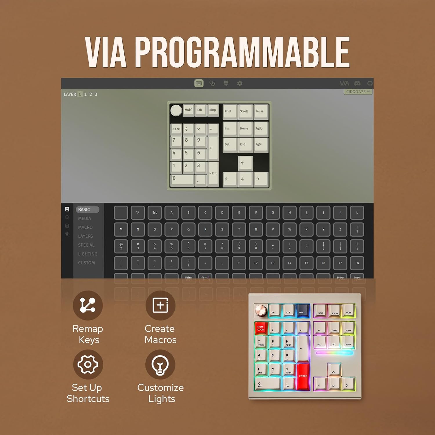 CIDOO V33 Aluminum Wireless Numpad, VIA Gasket Number Pad, Keypad with Navigation, Arrow Keys, Knob, BT5.0/2.4GHz/USB-C Wired Connections for Windows/Mac OS/Linux