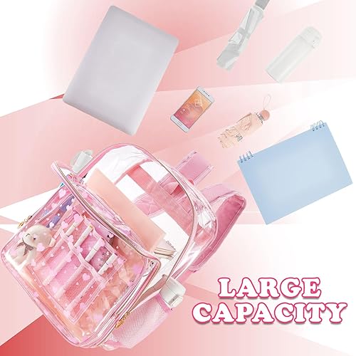 Miniatura 4 de Eccliy Mochila estética transparente de 3 piezas para niños, mochila escolar para niñas y niños, mochila transparente con bolsa de almuerzo, Rosado,