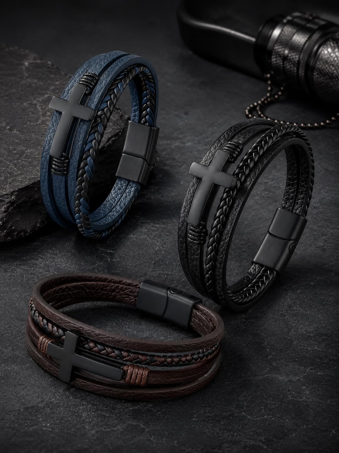 Mens Leather Cross Bracelet Braided Multi Layer Wristband with Stainless Steel Clasp - Christian Religious Gifts for Him(Brown/Black/Blue)