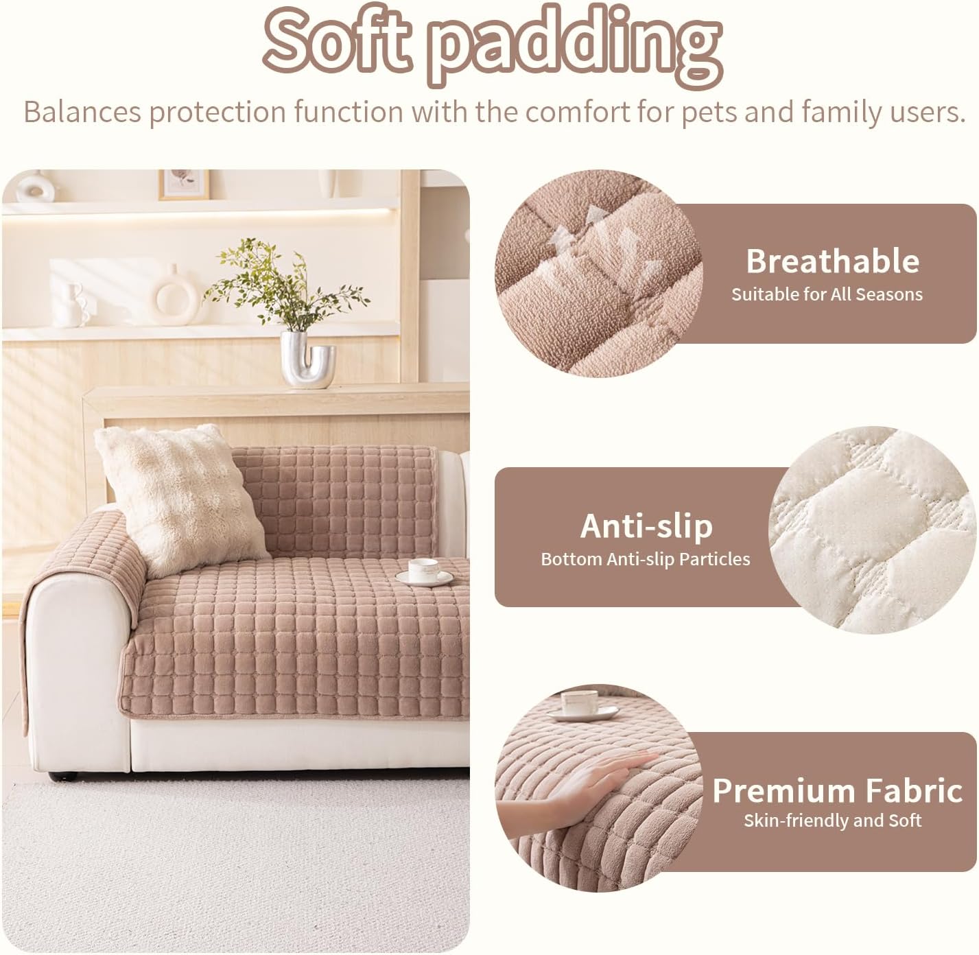 BOV Khaki Long Sofa Cover 36"x83" – Non Slip for Leather Sofa 3 Seat, Plush Rubber Backed Couch Cover, Pet Sofa Cover & Sectional Sofa Cover Washable (90 Inch Couch Cover)
