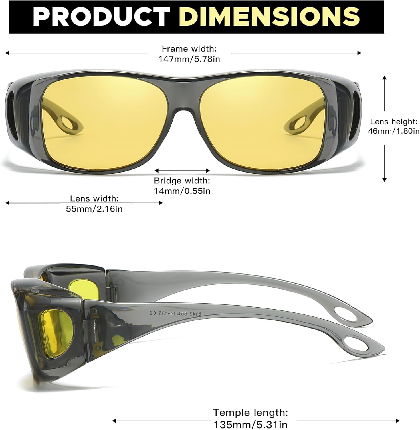 LVIOE Polarized Fit Over Night Vision Glasses for Women Men Over Glasses Wrap Around for Night Driving Glare Eyeglasses N8143 - Image 3