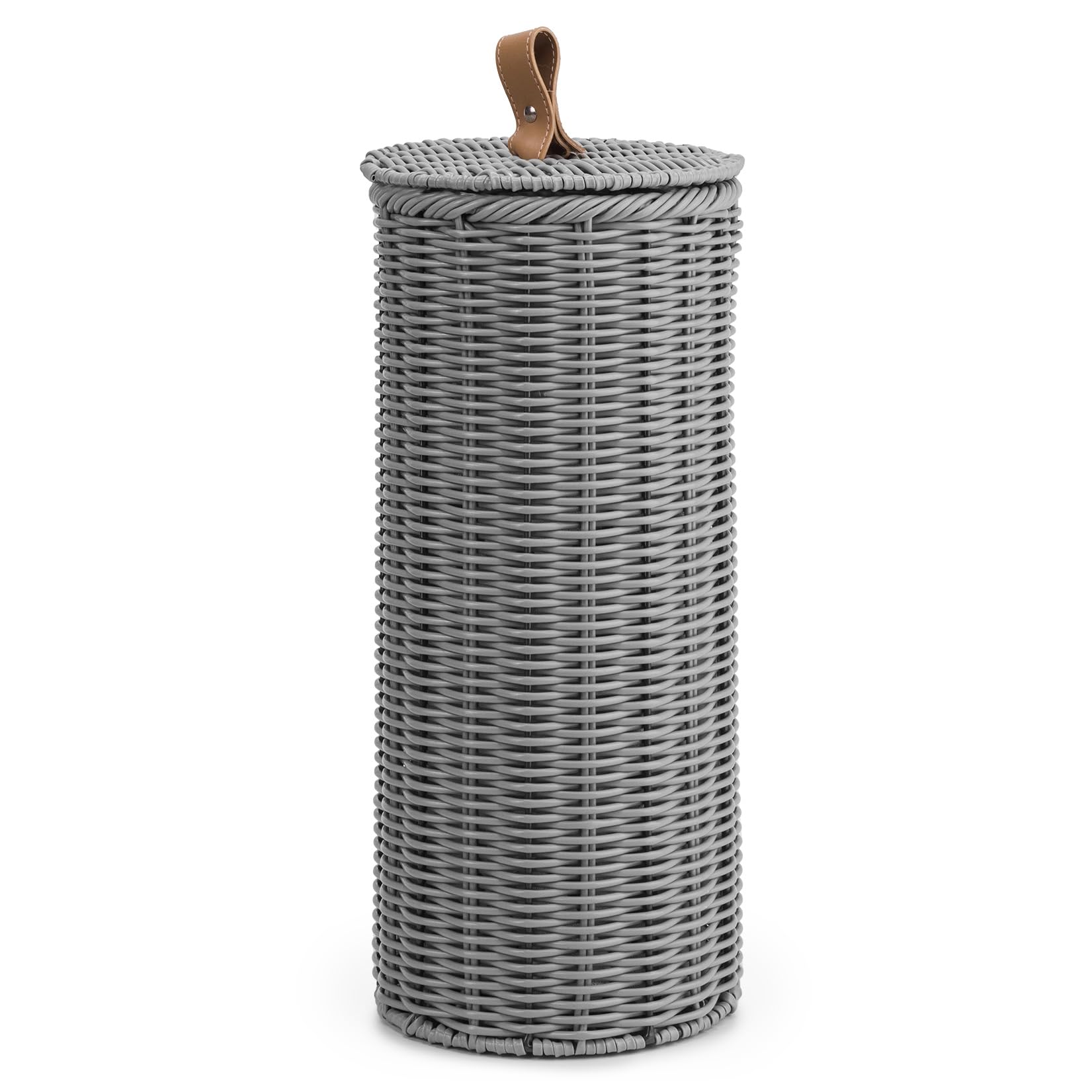 Woodluv Polypropylene - Grey Round Handwoven Polypropylene Lidded Toilet Roll Holder, Loo Roll Keeper, Storage Organiser, Storage Basket With Lid, Freestanding Unit, For Home, Bathroom - Grey, Dia. 18Cm X 40 Cm (H)