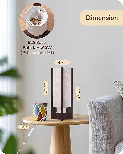 Miniatura 4 de EDISHINE Lámpara de mesa de madera, lámpara de noche pequeña de 13.5 pulgadas, pantalla de lino beige, lámpara cilíndrica de madera rosa para