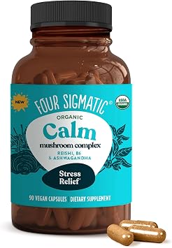 Four Sigmatic Calm Capsules | Vegan Stress Relief Supplement to Promote Positive Mood with Organic Ashwagandha Powder, Organic Reishi Mushroom, Tulsi Holy Basil Extract, Vitamin B6 | 30 Servings