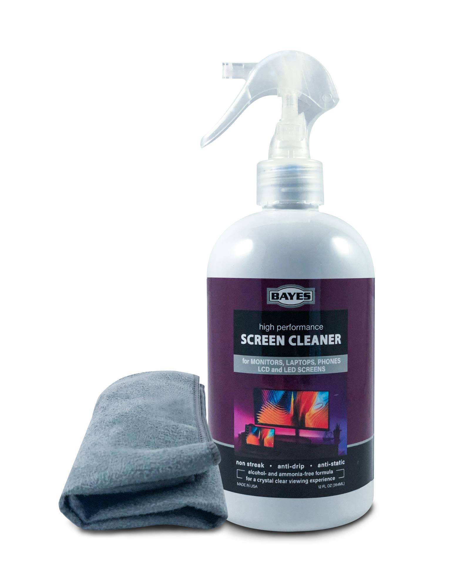 Bayes High-Performance Screen Cleaner with Premium Treated Suede Microfiber Cloth - Non-Streak, Anti-Drip, Anti-Static Cleaning Solution for Monitors, Laptops, Phones, LCD and LED Screens - 12 oz