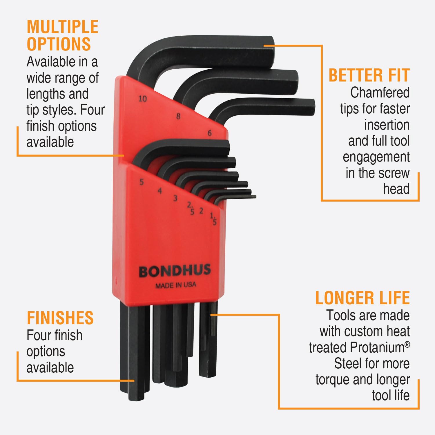 Bondhus 12299 Set of 9 Hex L-wrenches, Short Length, sizes 1.5