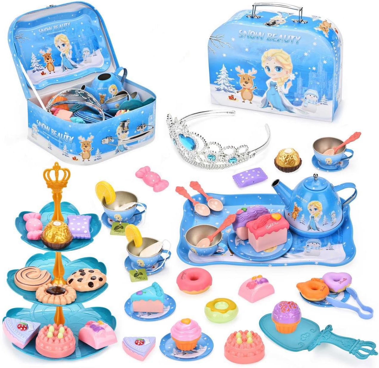 50-Piece Princess Tea Party Set with Teapot, Dessert Tray, Cups & Pastries – Pretend Play Kitchen Toy with Carrying Case, Birthday for Girls Ages 3-8