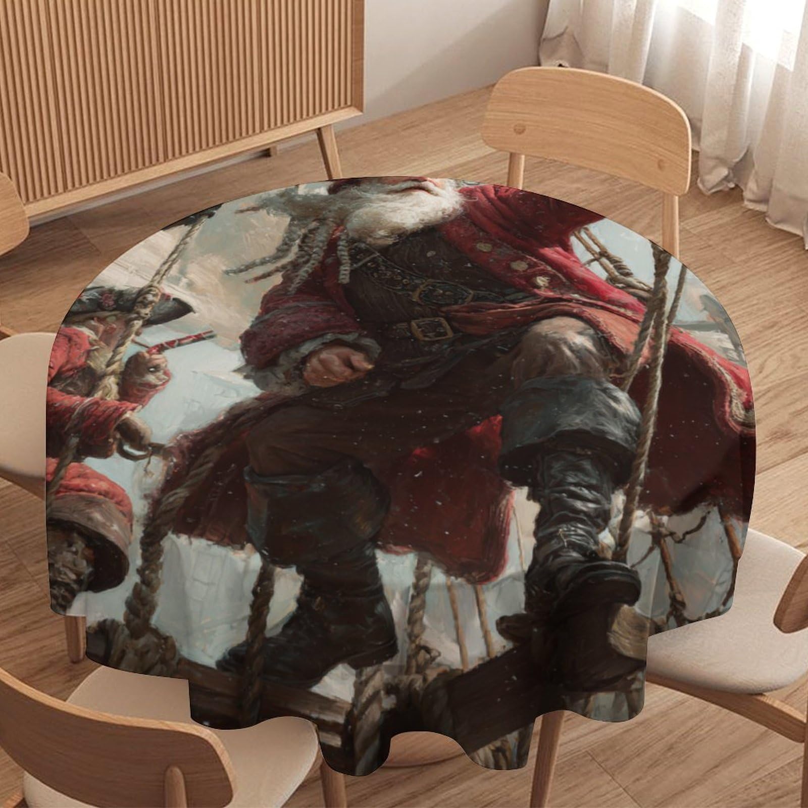 LUYYSKY Funny Realistic Red Santa Round Tablecloth Retro Oil Painting Christmas Santa Pirate Ship Pattern Washable Decor for Table Cover for Kitchen-91.4" Wx91.4 L cm