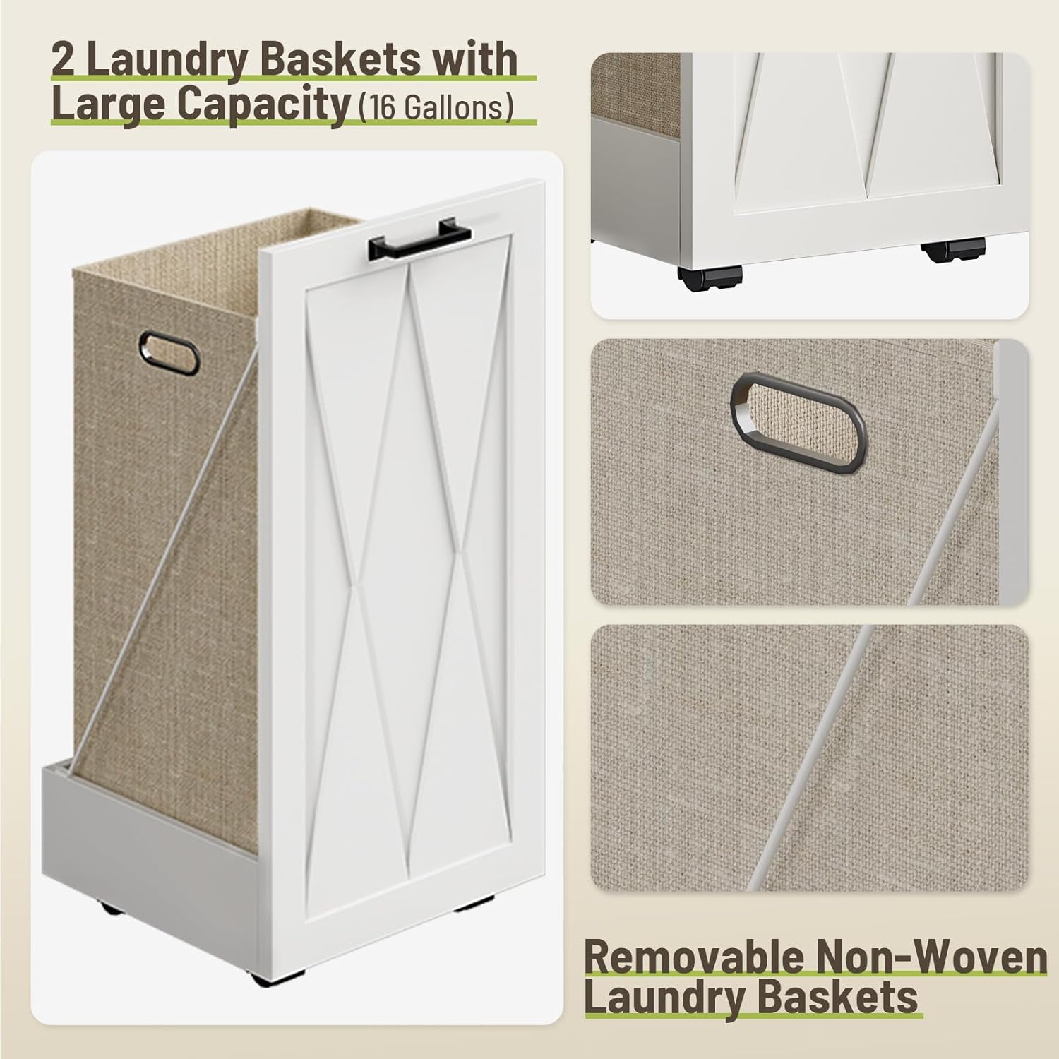 Laundry Hamper Cabinet, Removable Laundry Baskets on Wheels, Wooden Hidden Trash Can Cabinet with 2 Drawers and 3 Open Compartments, for Laundry Room, Living Room, Kitchen, White