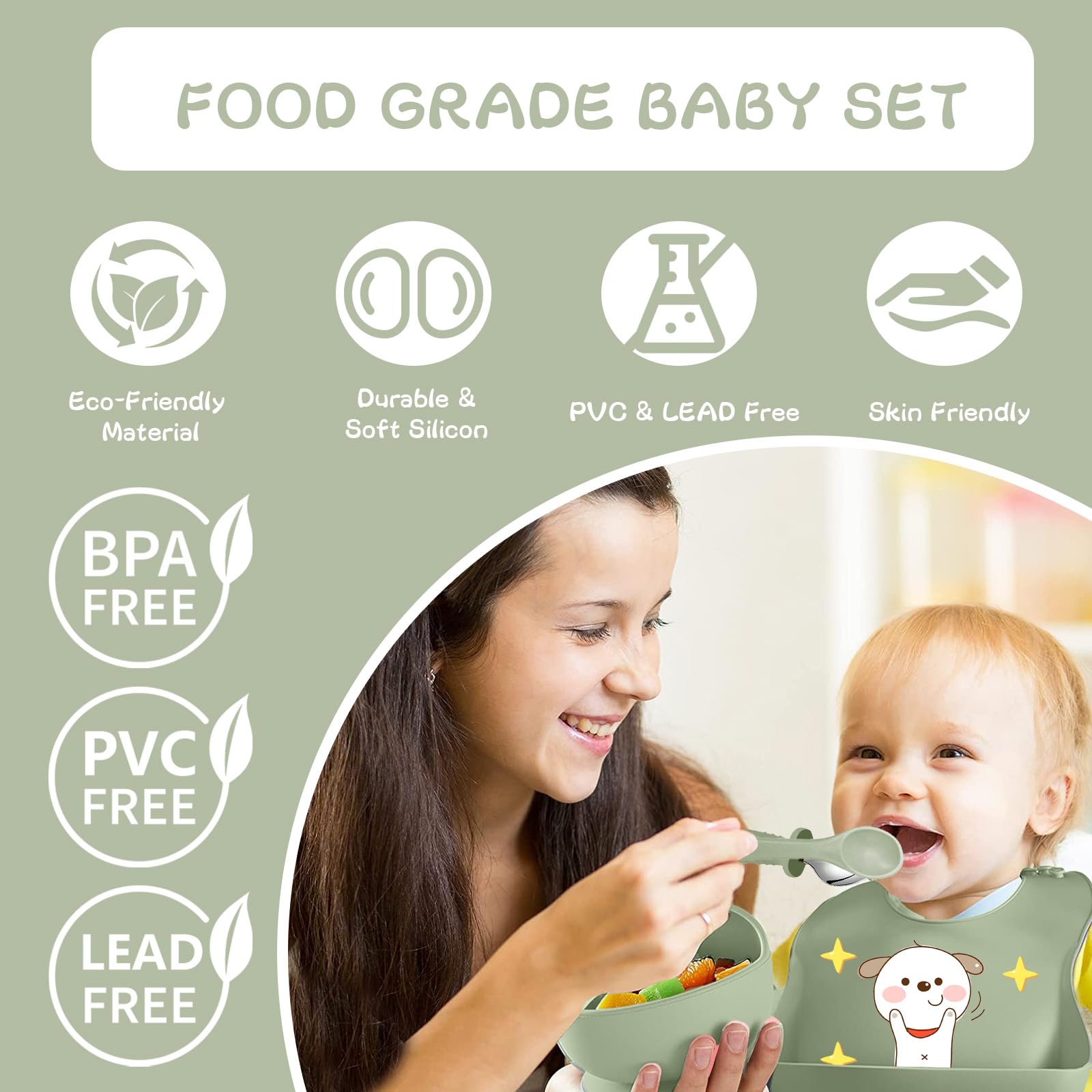 Vajilla Bebe Silicona, 12 Piezas Juegos de Vajilla Bebe Antideslizante con Platos Cuenco Babero Cuchara Bebe Taza, Cubiertos Bebe, Baby Led Weaning, Sin BPA, Cubiertos Infantiles (Verde)