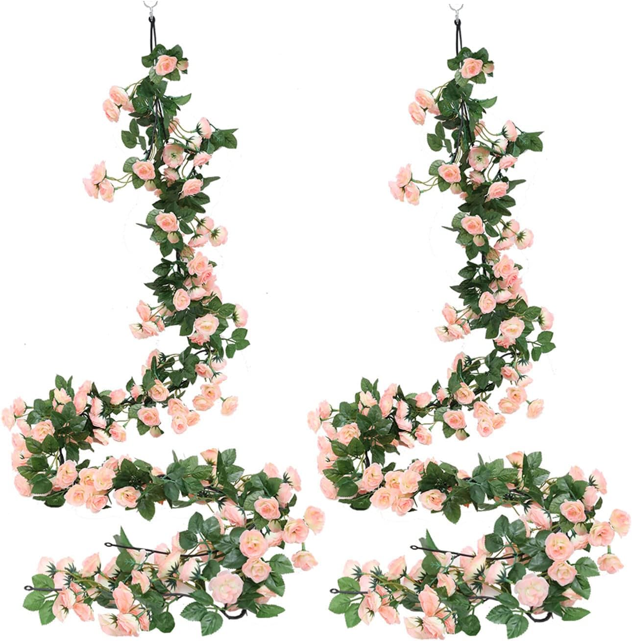Luyue 2 Pack 69 Heads Artificial Rose Vine Flowers Garlands Decorations Floral Hanging Garden Craft Rose Ivy Plants for Wedding Arch Arrangement (Light Pink)