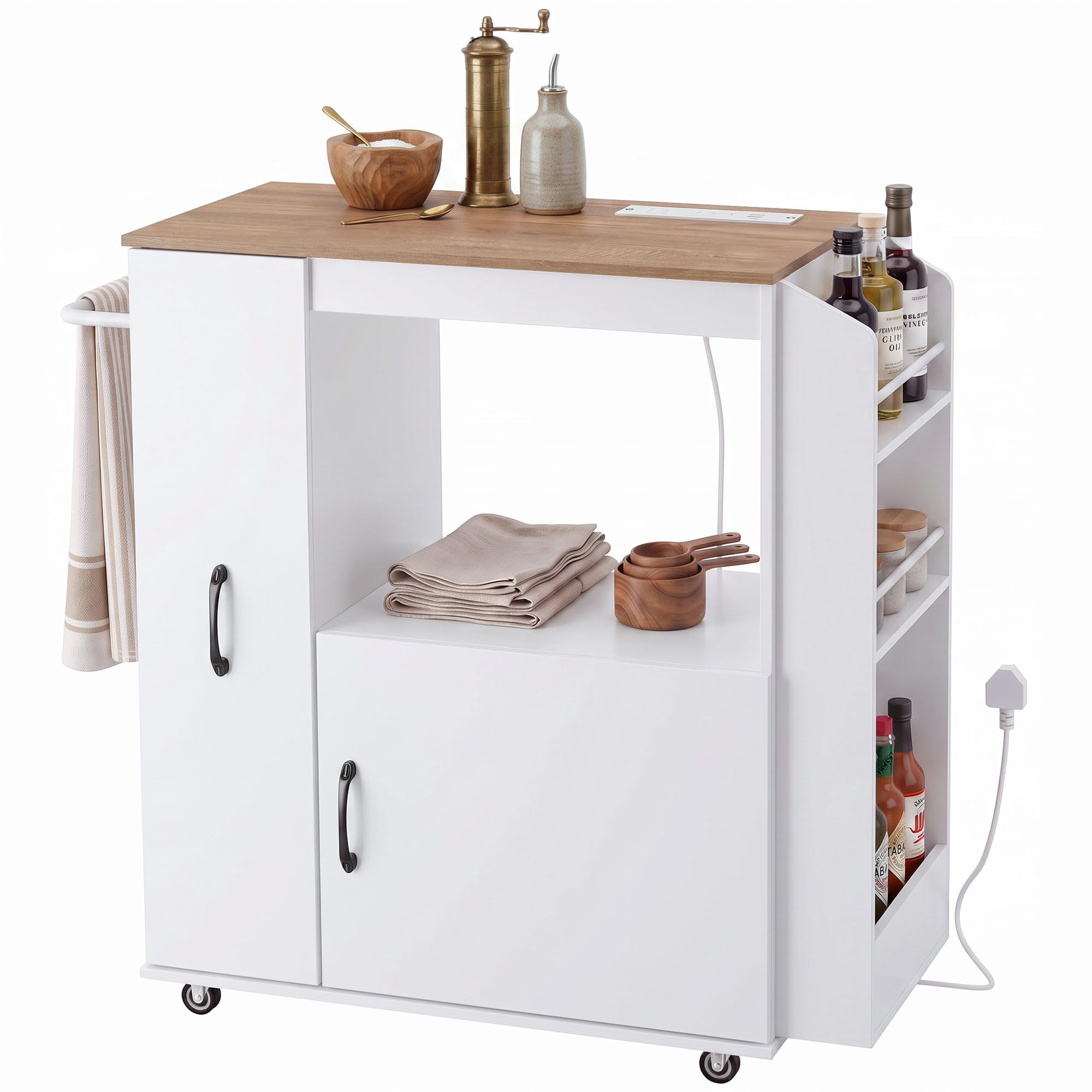 HOMCOM Kitchen Trolley on Wheels with Power Outlet, Cabinet, White